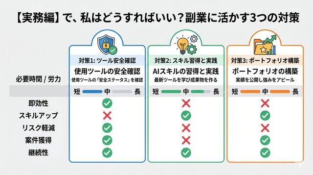 【実務編】で、私はどうすればいい?副業に活かす3つの対策