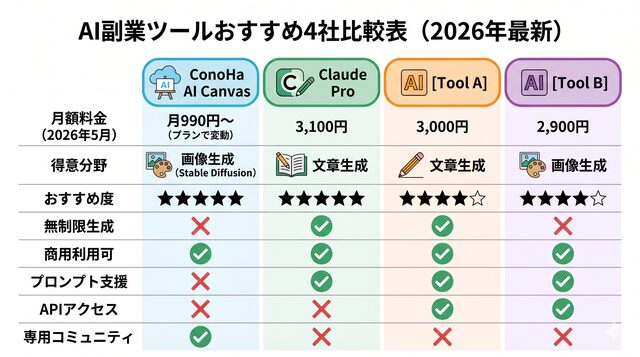 AI副業ツールおすすめ4社比較表(2026年最新)
