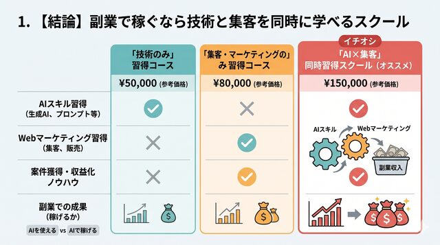 1. 【結論】副業で稼ぐなら技術と集客を同時に学べるスクール