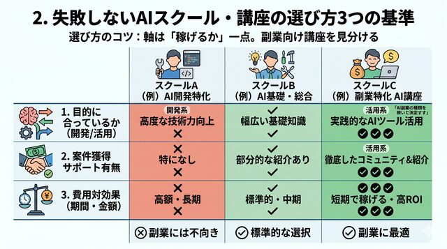 2. 失敗しないAIスクール・講座の選び方3つの基準
