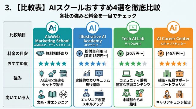 3. 【比較表】AIスクールおすすめ4選を徹底比較